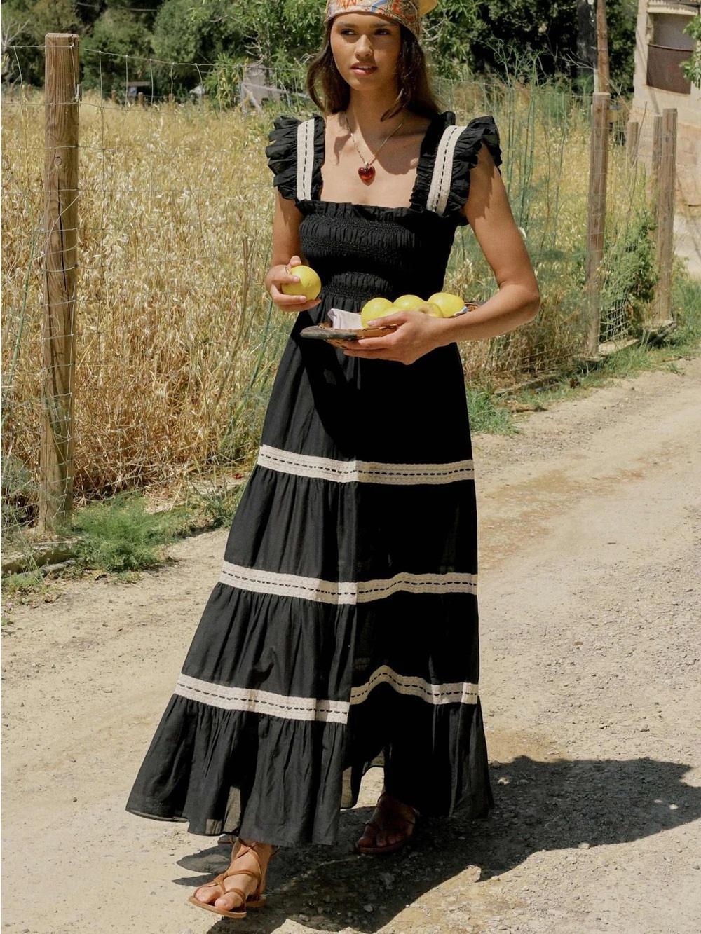 RIXO black lace trim Aubrey midi dress